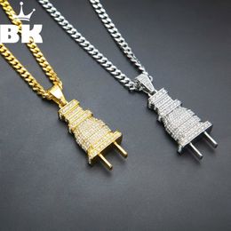 Mens Iced Out Bling Bling Plug Pendant Necklace Gold Silver Colour Charm Micro Pave Full Rhinestone HipHop Jewellery 200928 220u
