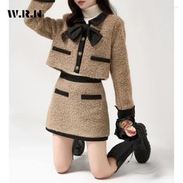 Work Dresses 2024 Winter Sweet Vintage Style 2 Piece Set Women Long Sleeve Bow Short Coat A-line Skirt Retro Two Outfits