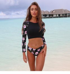 Ladies Long Sleeve Swimwear Sexy Women Swimsuit Female Cropped Top Rashguard Surfing Sun Protect Twopiece Suits2160216