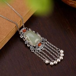 Chains Classic Natural An Jade Green Pendant 925 Silver Tassel Vintage Long Necklace For Women Elegant Jewellery
