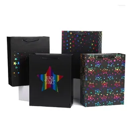Shopping Bags 10pcs/lot Christmas Gift Black Paper Tote Boxes With Colourful Star Pattern Simple Portable Packaging Bag