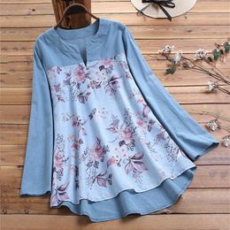 Women's Blouses 2024 Women Vintage V Neck Tops Summer Floral Printed Blouse Long Sleeve Shirt Casual Tunic Patchwork Blusa Large Size Shirts