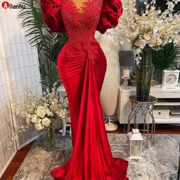 2022 Plus Size Arabic Aso Ebi Red Mermaid Lace Prom Dresses Beaded Sheer Neck Velvet Evening Formal Party Second Reception Gowns Dress 275H