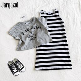 Clothing Sets Jargazol Fashion Girl Summer Gray Short-sleeved Letter T-shirt Striped Vest Dress Kids Casual Cotton Party Toddler Clothes