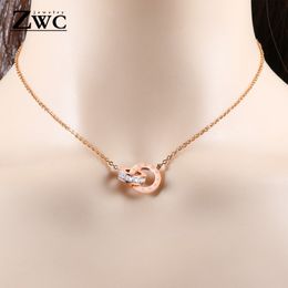 ZWC Fashion Charm Roman Digital Double Circle Pendant Necklace for Women Girls Party Titanium Steel Rose Gold Necklaces Jewellery 283f