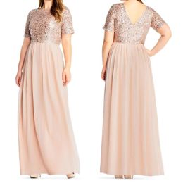 Blush Sequin Bridesmaid Dresses Short Sleeves Chiffon Floor Length V-Back Wedding Guest Gowns Plus Size Long Maid of Honour Dress 229Z