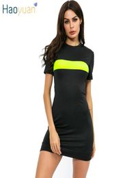 HAOYUAN Sexy Black T Shirt Dress Summer Clothes for Women Mini Vestidos Neon Green Splice Causual Short Sleeve Bodycon Dresses6602906