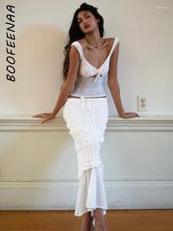 Work Dresses BOOFEENAA Sexy 2 Pieces Set Women Outfit Crop Top And Long Skirt Sets See Through Lace Mesh Patchwork White Dress Suits