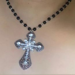 Victorian Big Cross Pendant Necklace White Pearl Choker Vampire Cross Rosary Goth Punk Crystal Cross Metal Jewellery Accessories