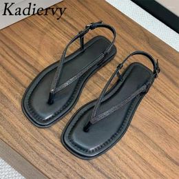 Sandals Suede Leather Woman Flip Flops String Bead Ankle Buckle Strap Summer Shoes Casual Holiday Beach Women