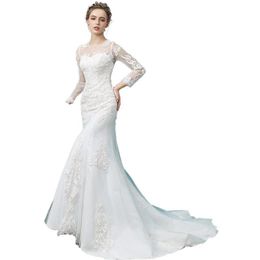 Plus Size White Long Sleeves Tulle Mermaid Wedding Dresses Sweep Train Jewel Neck Lace Appliques Slim Wedding Gowns 178z