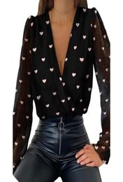 Fashion Blouses Women Deep V Neck Top White Jacquard Female Long Sleeve Chic Shirt Sexy Polka Dot Solid Colour Mesh Blouses4335376