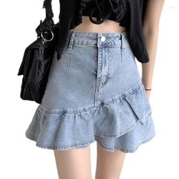 Skirts Women Summer High Waist A-Line Mini Cake Jeans Skirt Vintage Washed Pleated Ruffles Layered Tiered Casual Slim Denim Streetwear