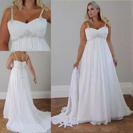 Kristalle Plus Size Beach Brautkleider 2019 Korsett zurück Spaghetti -Träger Chiffon bodenlange Empire Taille Elegante Brautkleider Sleev 191W