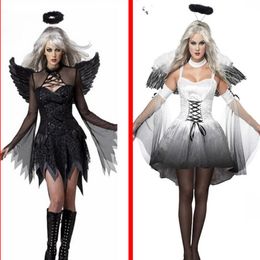 White Black Devil Fallen Angel Costume Women Sexy Halloween Party Clothes Adult Costumes Fancy Dress Head Wear Wing 296p