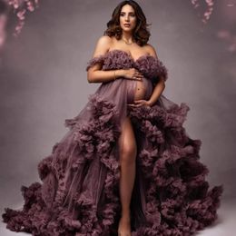 Party Dresses Gorgeous Maternity Elegant V Neck Prom Gowns Illusion Vestidos For Poshoot Pros Ruffles Front Slit Pregnant Woman