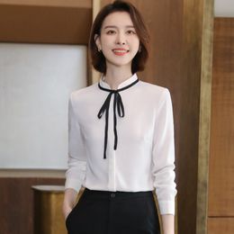 Women Blouses Autumn Tops Office Ladies Chiffon Blouse Long Sleeve Bow Slim White Shirt Bodycon Work Shirts Blusas Mujer 210323