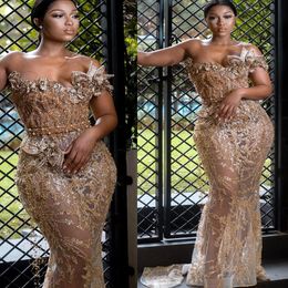 2021 Plus Size Arabic Aso Ebi Luxurious Gold Mermaid Prom Dresses Lace Beaded See Through Evening Formal Party Second Reception Gowns D 262j