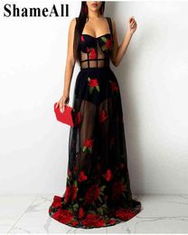 Plus Size Rose Floral embroidery See Through sling Mesh Dress XL Transparent Tulle Sexy Club Party Spaghetti Strap Black Dress L224233587