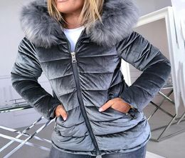Winter Velvet Jacket Women Warm Cotton Padded Jackets Gray Pink Hood Fur Collar Fashion Basic Outerwear Woman Coat Plus Size 4XL2796919