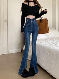 Women's Jeans High Waist Vintage Elastic Split Jean Femme Casual Slim Autumn Spring Denim Flare Pants Brown Women