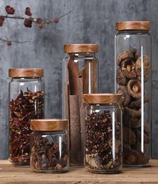 Wood Lid Glass Airtight Canister Kitchen Storage Bottles Jars Container Grains Coffee Beans Grains Candy Jar Containers5953607