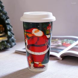 Mugs Christmas Double Layer Milk Tea Coffee Cup Cartoon Print Simple Ink Colour Underglaze Painted Ceramic Creative Household