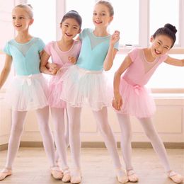 Dancewear Girls Ballet Leotard Gymnastics Bodysuit Mesh Splice Costumes Children Short Sleeve Chiffon Tutu Dress Kids Ballet Dance Wear Y240524