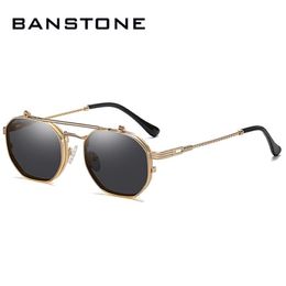 Sunglasses BANSTONE Vintage SteamPunk Style Tint Ocean Lens Metal Flip Up Clamshell Brand Design Sun Glasses 283c