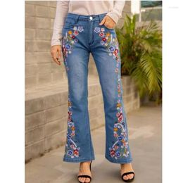 Women's Jeans Casual Blue Vintage Women Fashion Pocket Button Embroidered Trousers High Street Slim Flare Jean Pants Pantalones 30201