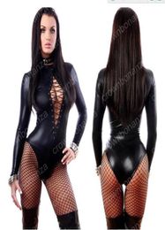 Women039s Jumpsuit Black Sexy Leather Dresses Long Sleeve Bodysuits Erotic Leotard Latex Catsuit Costume1379032