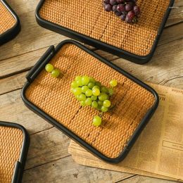 Plates Kitchen Tableware Bohemian Rattan Noodle Tray With Handle Home Dessert Decorative Trays Wooden Tea Rectangular Dinner Plate