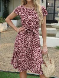 Basic Casual Dresses Summer Fashion Cherry Print Lace-up Dress Women Round Neck Medium Long Causal Pleated Dress Y240524