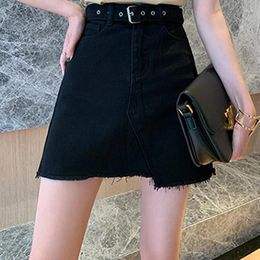 Skirts Women High Waist 90s Vintage Denim Girls Wrap Buttocks Dress Office Lady Cool Gothic Black White A Line Jeans Large Size