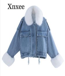 Russia Fashion Korean Thicken Women Jeans Jacket Winter 2020 Long Sleeve Big Fur Collar Warm Ladies Denim Coats Outerwear1944458