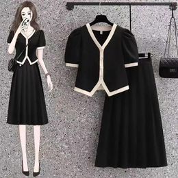 Work Dresses Summer Small Fragrant Style Black Two Piece Set Women Outfits Slimming Short Sleeve Cardigan Half Mid Length Skirt