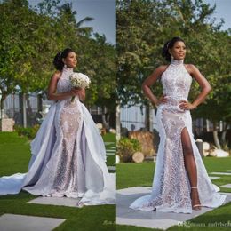 2020 Vintage High Neck Mermaid Split Side Wedding Dresses With Detachable Train Luxury Lace Appliqued Plus Size African Bridal Gown 278y