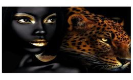 Leopard and African Women Sexy Lips Canvas Oil Painting Abstract Animal Poster Prints Wall Art Pictures for Livling Room Modern Ho4591061