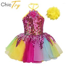 Stage Wear ChicTry Children Girls Sequins Flower Applique Colourful Ballet Tutu Dress Kids Halter QERFORMANCE Jazz Dance Costumes Set1 224J