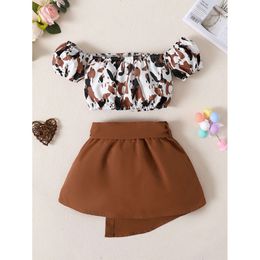 2PCS Toddlers Girl Summer Clothes Set Off Shoulder Leopard Print Top+Short Skirt with Bow Birthday Party Wear for Kids 1-4 Years