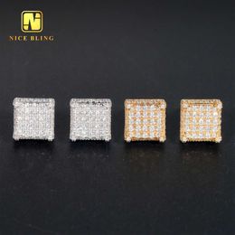Full Iced Out Lab Diamonds Ear Studs 10K Solid Gold Jewellery Square Shape Shining Moissanite Earrings For Men Women