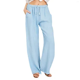 Women's Pants Women Casual Straight Loose Solid Color Cotton Linen Wide Leg Long Summer Pantalon Elastic Waist Trousers