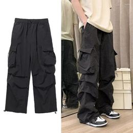 Men's Pants Solid Color Versatile Cargo Stylish Multi-pocket Design Loose Fit With Deep Crotch Elastic For High Trendy