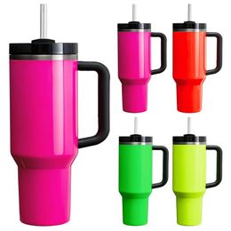 US Warehouse 40oz Reusable Tumbler Fluorescent Paint Tumblers with Handle and Straw Stainless Steel Insulated Travel Mug Tumbler DIY