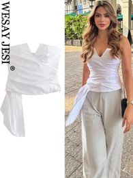 Women's Tanks Woman Casual Tops White Bare Chest And Sleeveless Folds Pullover Zipper Crop Shirt Female Fashion Blouse