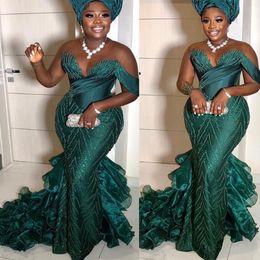 Aso Ebi Style Hunter Green Lace Mermaid Prom Dresses 2022 Sheer Neck Long Sleeves Appliques Sweep Train Plus Size Formal Evening Occasi 285G