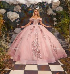 Pink Mexican Quinceanera Dresses Ball Gown Off The Shoulder Tulle Appliques Puffy Charro Sweet 16 Dresses 15 Anos