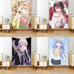Tapestries Kawaii Lovely Girl Hat Anime Art Cartoon Manga Tapestry Wall Hanging Room Decor Aesthetic Bedroom Background