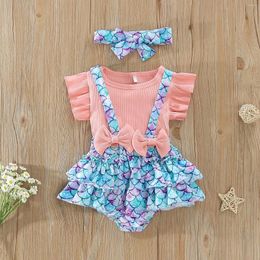 Clothing Sets Princess Bowknot Baby Girls Clothes Summer Toddler Outfits Rib Sleeve T-Shirts Suspender Shorts Headband 3Pcs Kids Suit