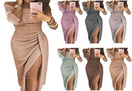 Casual Dresses Women Off Shoulder Bright Silk Shiny Party Dress 2021 Autumn High Waist Vintage Bling Sexy Lady Split Bodycon7136159